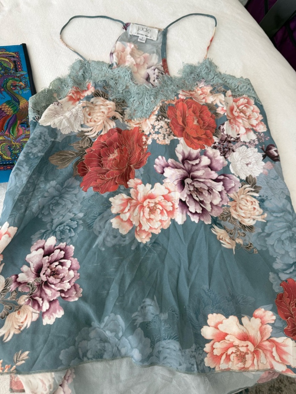 Johnny Was Jade Carmen 100% Silk Floral Cami Small Lace Trim & Tote E26 - Picture 3 of 7